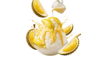 Refreshing Durian Shaved Ice with Sweet Sauce Being Poured from a Pitcher and Fruit Halves