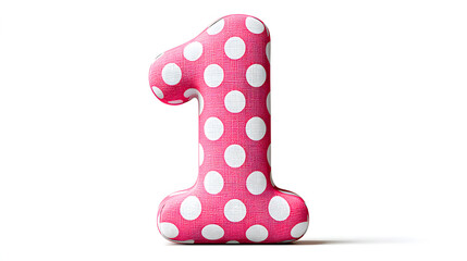 Pink and White Polka Dot Number One on isolated White Background, The number has a pillow-like texture.