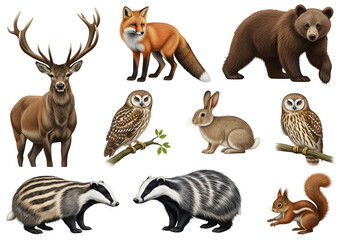 Naklejka premium Collection of Forest Animals Including Deer Fox Bear Owl Rabbit Badger and Squirrel in Pixel Art Style Isolated on Transparent Background