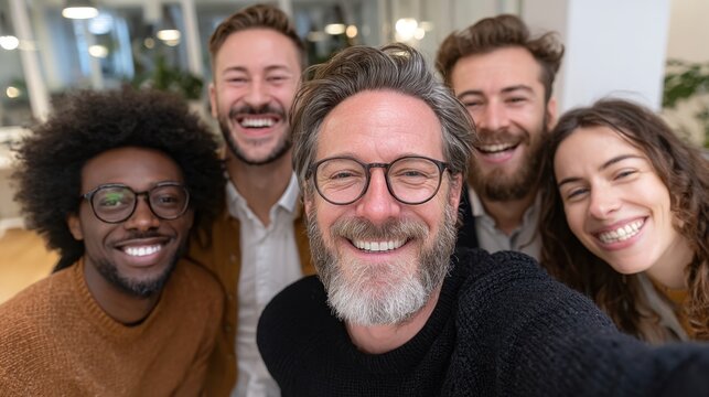 Happy diverse office workers take a group selfie during their break in open workspace to post on social media
