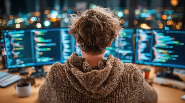Man working on computer with multiple screens at night, developing html, in office environment for stock market