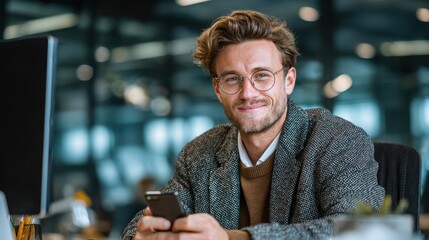 Happy young Latin man uses smartphone at desk in office, making payments or checking finances while working during the day