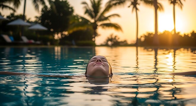 Woman floats in pool reflecting sunset with palm trees.