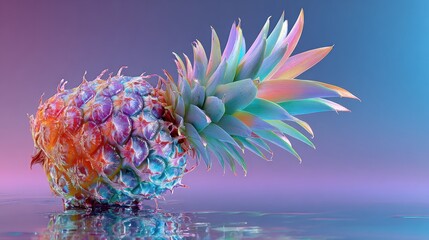 Vibrant pineapple shines in holographic neon colors against a surreal backdrop, a striking piece of concept art for modern visuals