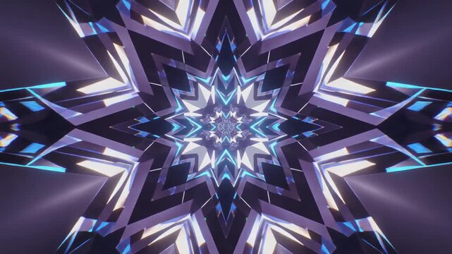 Fractal geometric prisms expanding outward in blue purple and pink hues creating vibrant energetic abstract animation