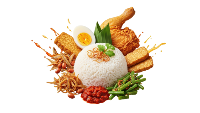 Nasi Lemak Meal Rice, Fried Chicken, Egg, Tempeh, Anchovies, Peanuts, and Green Beans