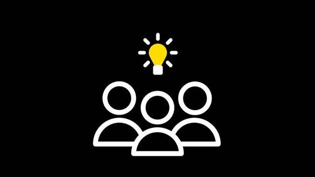 Multiple white stick figures gathered together with a shared glowing light bulb above them, representing a group sharing a common idea, goal, or unified understanding.