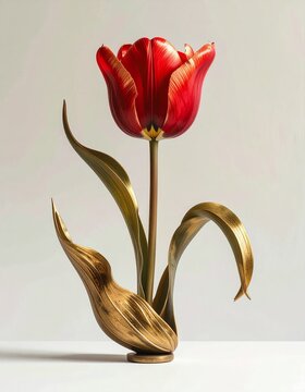 Une &eacute;l&eacute;gante tulipe rouge dans un soliflore, isol&eacute;e sur fond blanc cass&eacute;. 