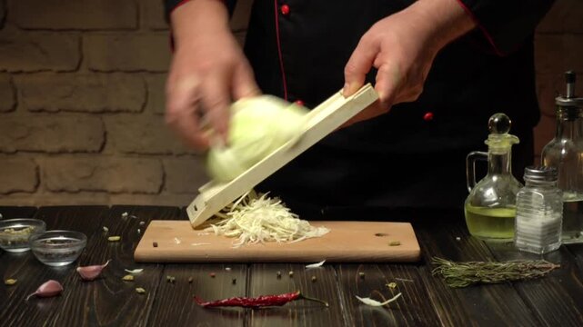 A skilled chef is chopping cabbage using a mandoline on a wooden board. The kitchen has brick walls and various ingredients like garlic and herbs on the counter, creating a cozy atmosphere.