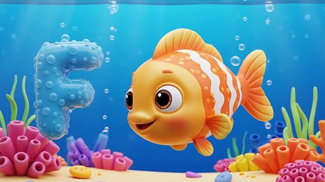 3D Cartoon Fish Animation &ndash; Alphabet F Underwater Loop Cute Goldfish 3D &ndash; F for Fish Learning Video