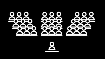  Multiple clusters of white stick figures are positioned with a single figure at a podium below, suggesting a speaker addressing several separate groups simultaneously.