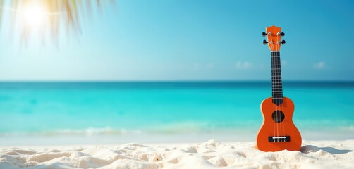 Orange ukulele rests on white sand beach, ocean waves sparkle under clear blue sky. Tropical island paradise with calm sea water and bright sunlight ideal for summer vacation.