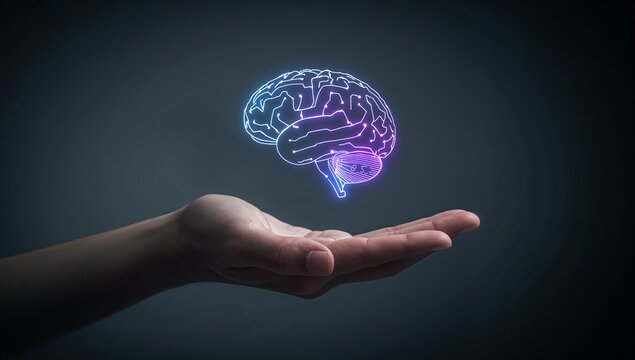 Hand Holding 3D Neon Model of Brain on Dark Background