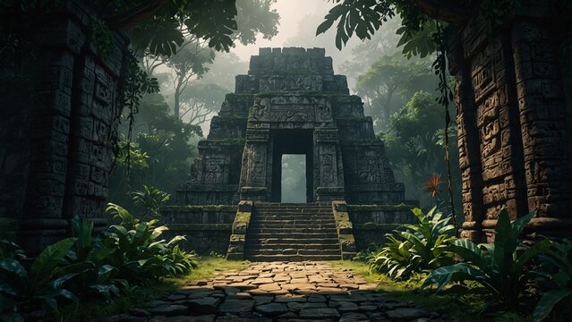 Ancient Mayan temple entrance hidden beh