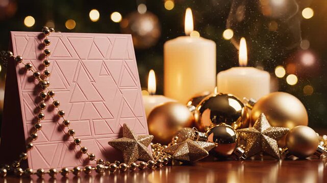 Pink holiday card with candles and ornaments on wooden table  