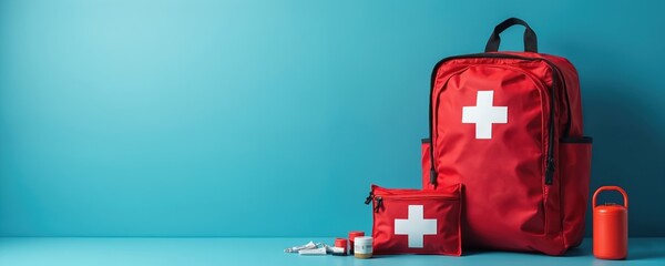 Red first aid backpack and pouch with white cross symbol sit on table. Medical supplies like bottles and bandages are scattered. Emergency kit ready for use.