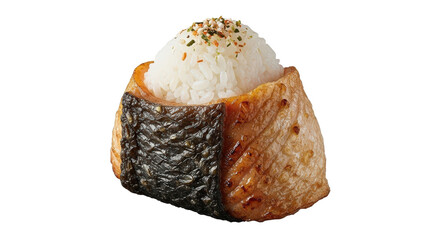 Grilled Salmon Fillet Embracing a Savory Mound of White Rice, Elegantly Seasoned with Colorful Furikake Against a Pristine transparent background Use for Menu Designs or Food Blogs