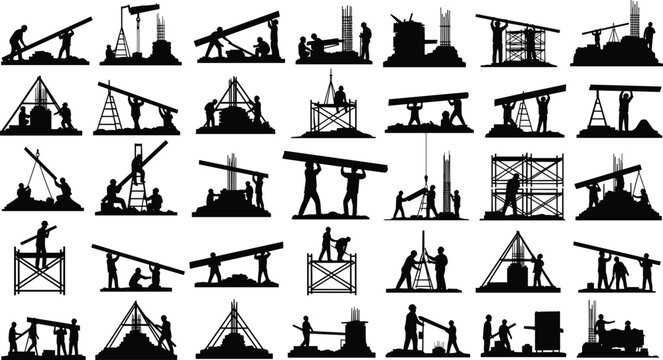 Construction worker silhouette, scaffolding pose, beam lifting, ladder work, teamwork action, cad drawing flat vector illustration, industrial labor, safety gear