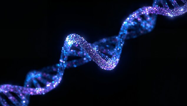 Glowing DNA Helix Art with Blue and Purple Sparkles on Dark Background