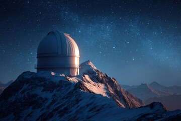 A modern observatory dome glowing softly under a night sky filled with stars.