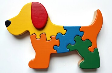 Colorful wooden dog puzzle pieces form an animal shape. Brightly painted toy for children. Educational toy promotes problem solving skills and fine motor development in kids play.