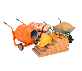 Construction Essentials: A comprehensive composition of tools, materials, and equipment essential for construction, encompassing a concrete mixer, cement bags, bricks, wheelbarrow and safety hard hat.