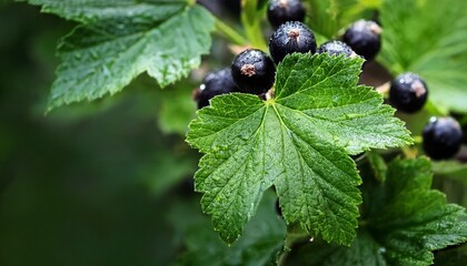 Close Up Of Lush Black Currant Leaves Vibrant Green Dew Drops Flora Detail