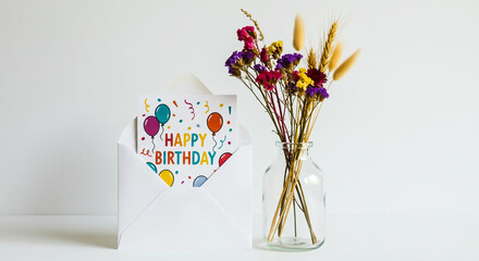 Birthday card and dried flowers on white background.