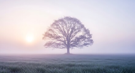 Majestic solitary tree standing gracefully in a serene, mystical morning fog, bathed in the soft, ethereal light of the rising sun over a tranquil meadow