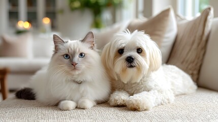 Adorable Ragdoll cat with striking blue eyes and a companion white dog rest together on a textured beige couch creating a warm and inviting home scene with soft indoor lighting