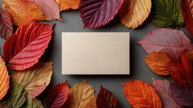 Autumn leaves frame a blank paper card for notes on dark background in a flat lay style, top view shows seasonal colors and copy space for fall message