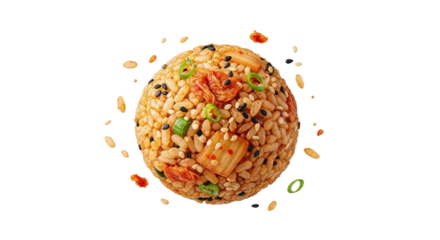 Creative Presentation of Kimchi Fried Rice Ball with Scattered Ingredients on transparent background