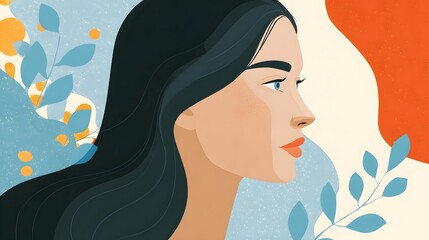 Profile of a serene woman in modern   Abstract background with stylized botanical elements in blue and orange evokes calm and elegance