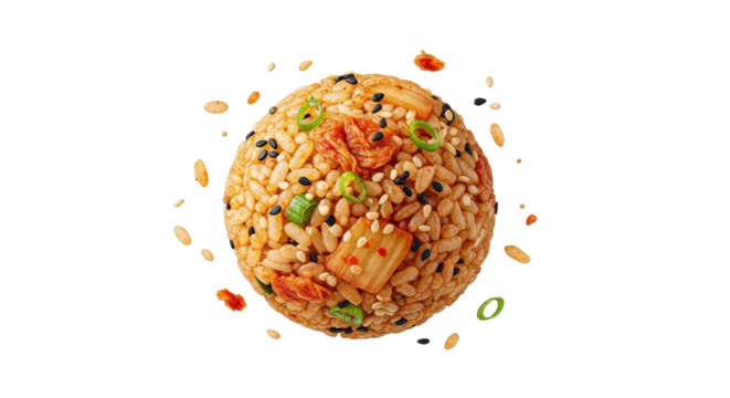 Creative Presentation of Kimchi Fried Rice Ball with Scattered Ingredients on transparent background