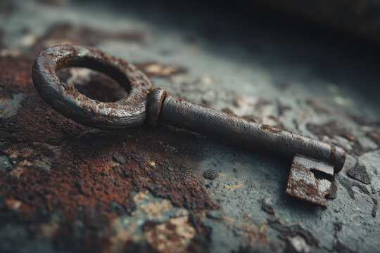 Old rusty metal antique key and padlock on a weathered wood background - Powered by Adobe
