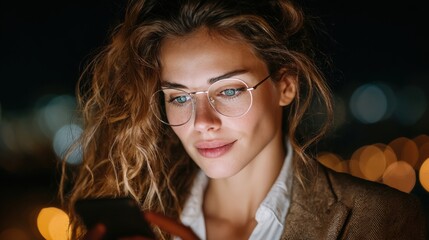 Woman analyzing digital marketing analytics on phone at night with city lights in background