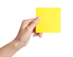 Hand holding bright yellow sticky note ready for your message, add personalized text or design element on it