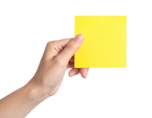 Hand holding bright yellow sticky note ready for your message, add personalized text or design element on it