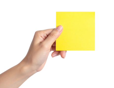 Hand holding bright yellow sticky note ready for your message, add personalized text or design element on it
