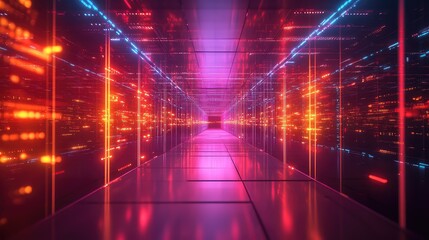 Digital data flowing through futuristic server tunnel