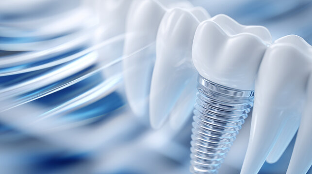 Close-up diagonal layout of dental bridge implant system, pristine white sterile surface enhancing focus on polished components and medical precision