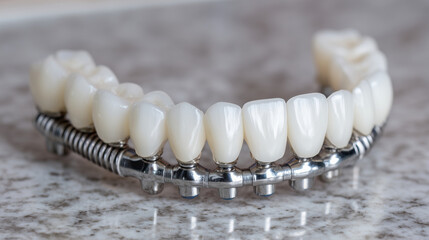 Naklejka premium Diagonally aligned dental implant bridge on clean white surface, high-definition view of titanium posts, ceramic teeth, and sterile medical aesthetics