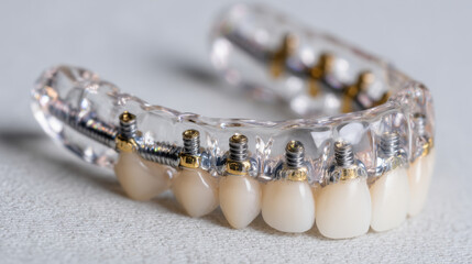 High-clarity fixed bridge implant model arranged diagonally on bright white surface, showcasing technical craftsmanship and precise dental engineering