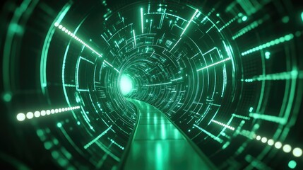 Futuristic digital data tunnel connecting virtual reality spaces