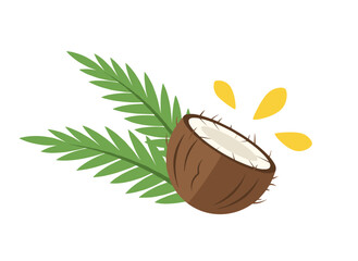 A refined natural illustration featuring a cracked coconut, palm fronds, and blooming flowers set against a white backdrop, depicting an organic edible tropical fruit or drupe in a hand‑drawn retro