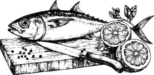 Fish on cutting board with knife and lemon. Vintage engraving vector illustration for culinary themes.