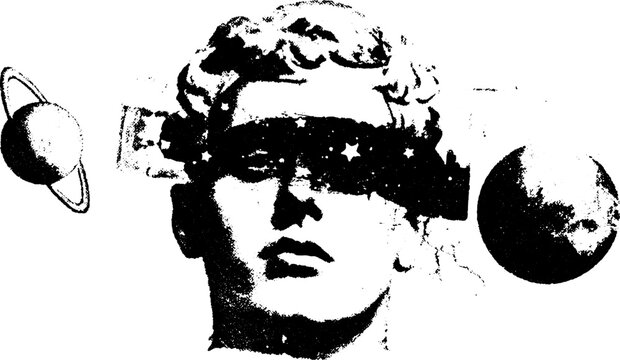 Black and white stencil illustration of a head with cosmic elements like planets and stars. Unique vector design featuring a grunge texture in an abstract style.