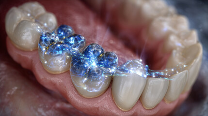 Anatomically correct 3D diagram showing premolar implant alignment guide placed, laser positioning lines casting reflective glow on enamel and surgical steel, highly technical visu