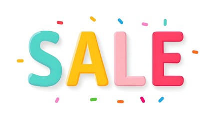 Bold puffy letters spell out  SALE  in eye catching teal yellow pink and red surrounded by scattered colorful sprinkles creating a festive and attention grabbing promotional graphic