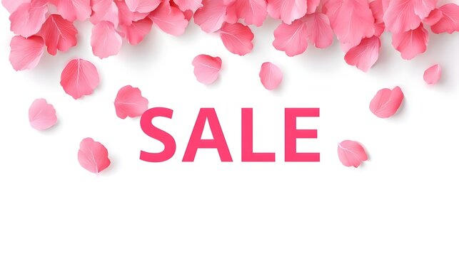 A visually appealing marketing graphic announcing a sale with prominent pink  SALE  text framed by scattered soft pink flower petals against a simple white backdrop